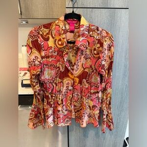 Sunny Leigh Multicolor Paisley Button-Down Shirt — Pink, Gold & Burgundy